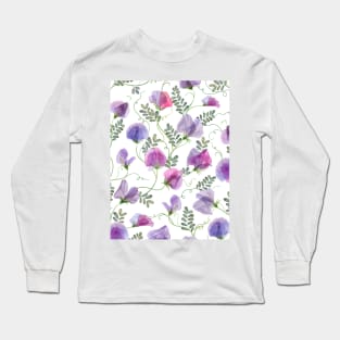 Sweet pea watercolor flowers and leaves seamless translucent composition. Transparent floral spring romantic bouquets Long Sleeve T-Shirt